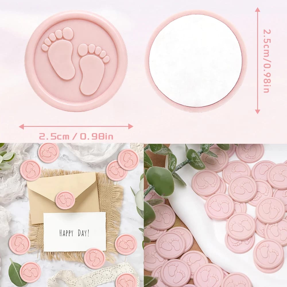 25pcs/set Baby Footprint Wax Seal Stickers Self-Adhesive Envelope Seals Pink Color Stickers for Baby Shower Invitations Favors