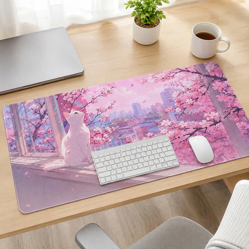 White Cat by Cherry Blossom Window Mouse Pad Gaming XL New Custom Mousepad XXL Natural Rubber Table Mat Desktop Mouse Pad