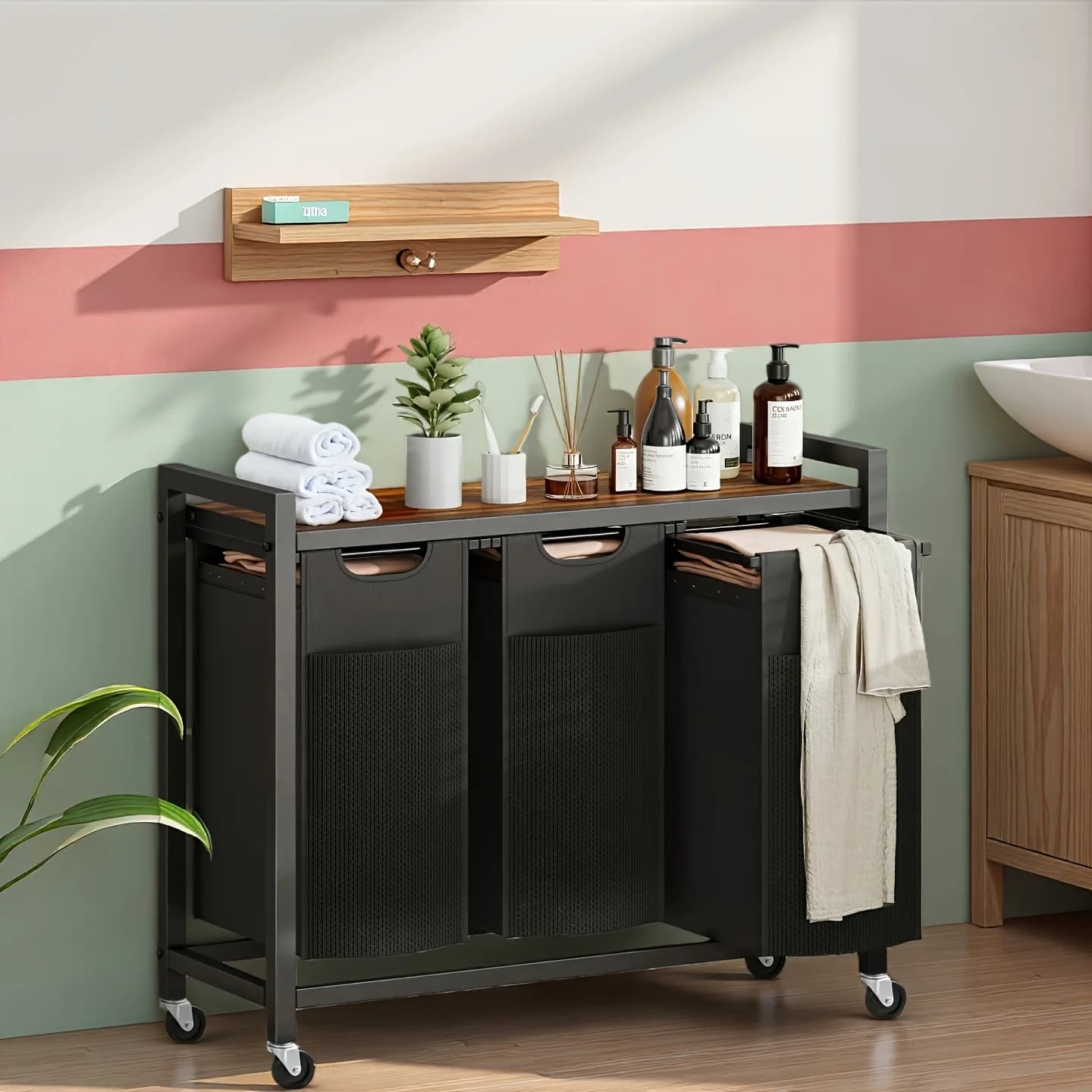 Basket with 3 removable bags, Organizer of clothes with shelf and wheels (regulative stones), 3 x 8,6 Gallons