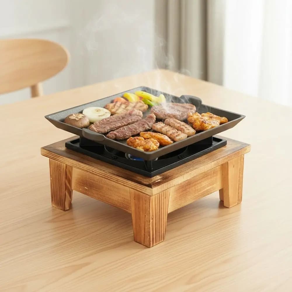 Rustic Style Camping Oven Stove Aluminum Alloy Square Barbecue Grill Tea Set Stove Wood Frame Charcoal Oven Stove Picnic
