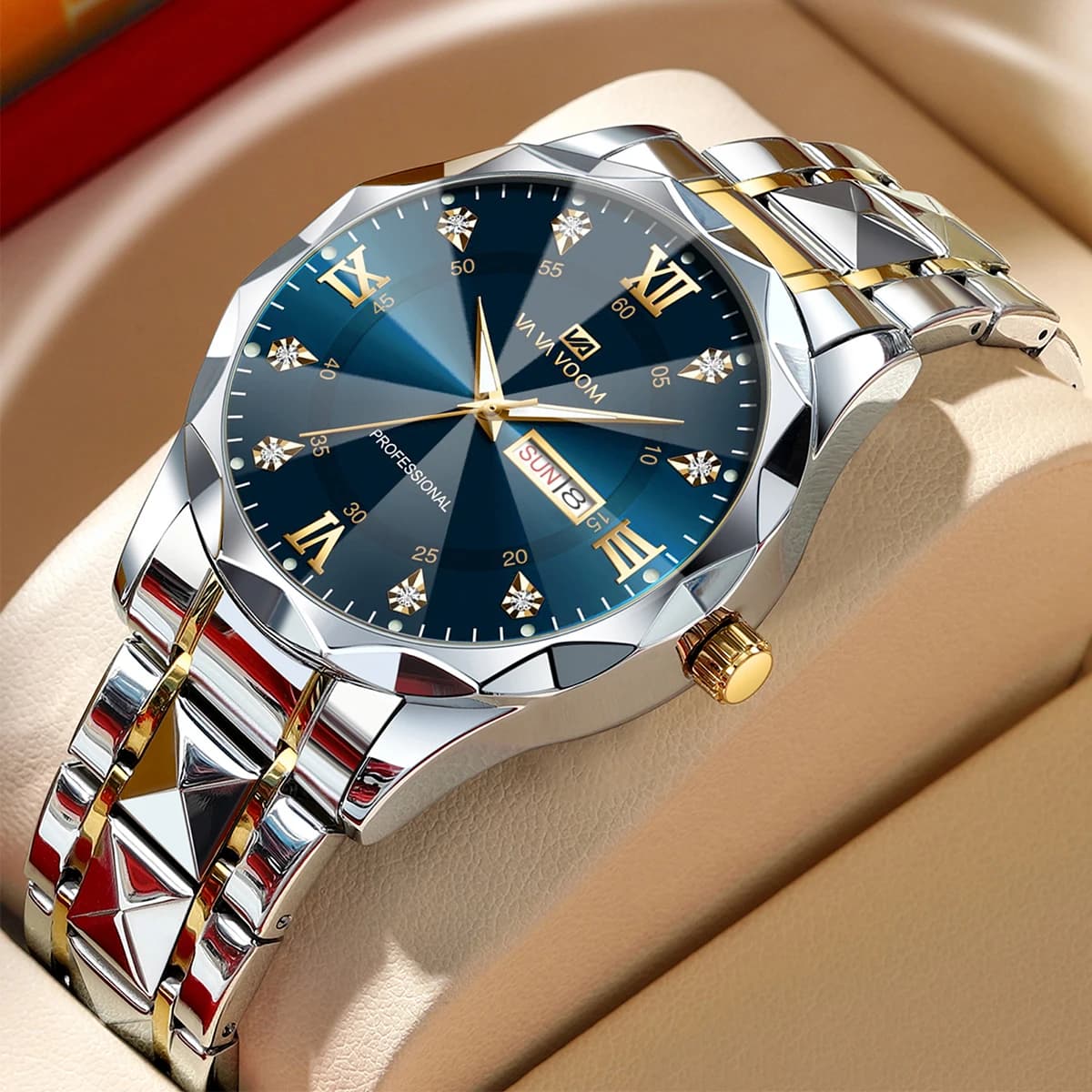 Orologio da uomo Water Diamond Luxury Night Glow Double Calendar movimento al quarzo 41mm Blue Gold orologio da lavoro di moda in acciaio inossidabile