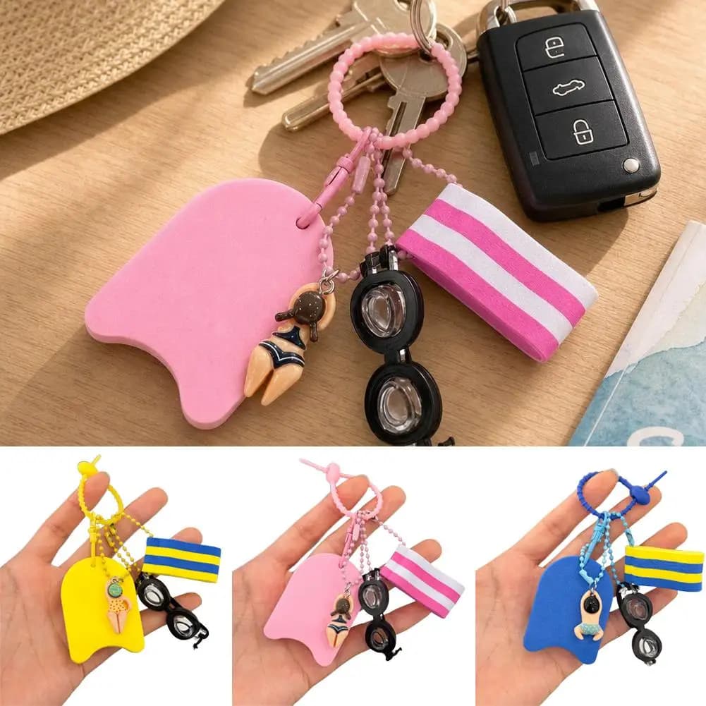 Cute Swimming Theme Keychain Mini Kickboard Swimmer Figurine Goggles Pendant Key Ring For Beach Pool Bag Backpack Decor Gift
