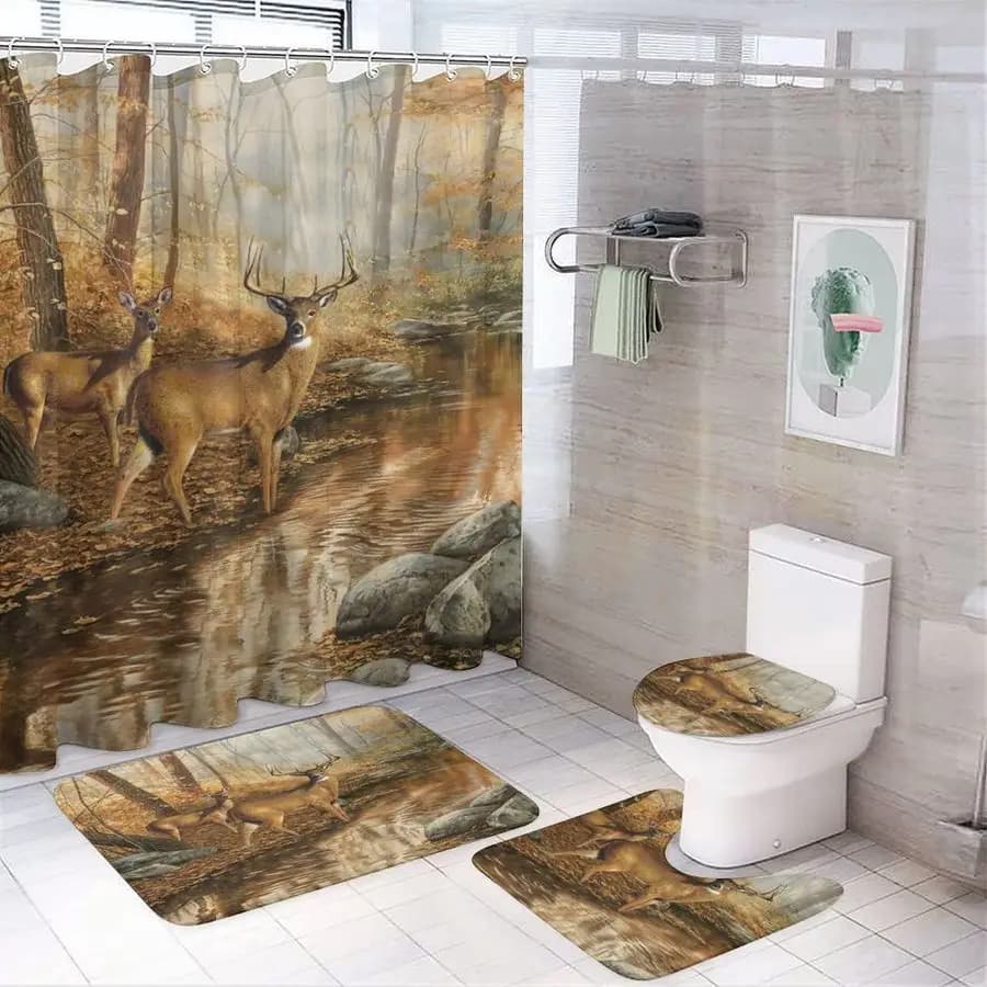 Set of 4 Bathroom Parts with Motive Wild Rustic Style Deer, Anti-slip Carpets, Copriwater and Bathroom Mat, Durable and Waterproof, for