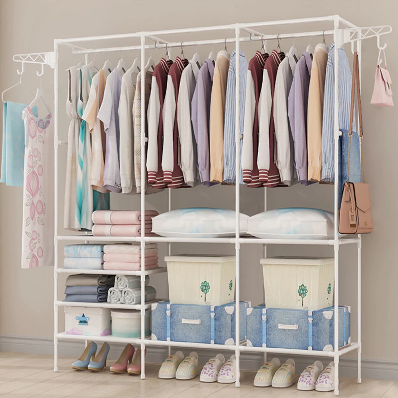 Armadio Portatile Independent, Organizer for Clothes, Clothes rack with 3 Parts and Hooks, 173x160x35 cm, White