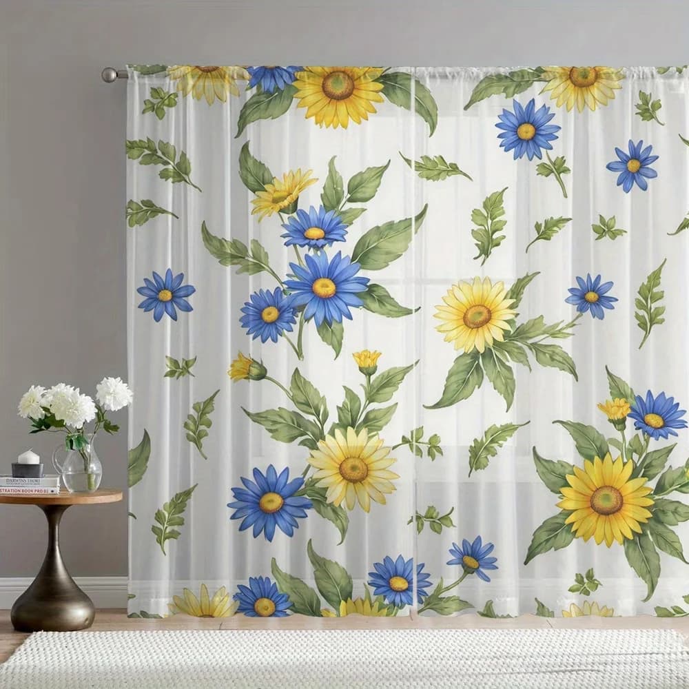 2PCS Digital Printing Sheer Curtain, Blue Yellow Daisies Sunflowers Pattern, Fresh Pastoral Spring Garden Country Style