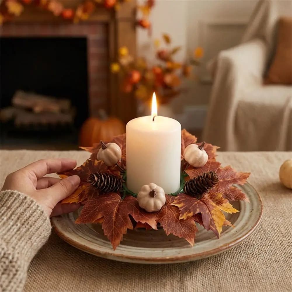 Simulation Thanksgiving Candle Ring Wreath Foam Berries Handmade Sunflowers Maple Candle Holder Autumn Harvest Festive