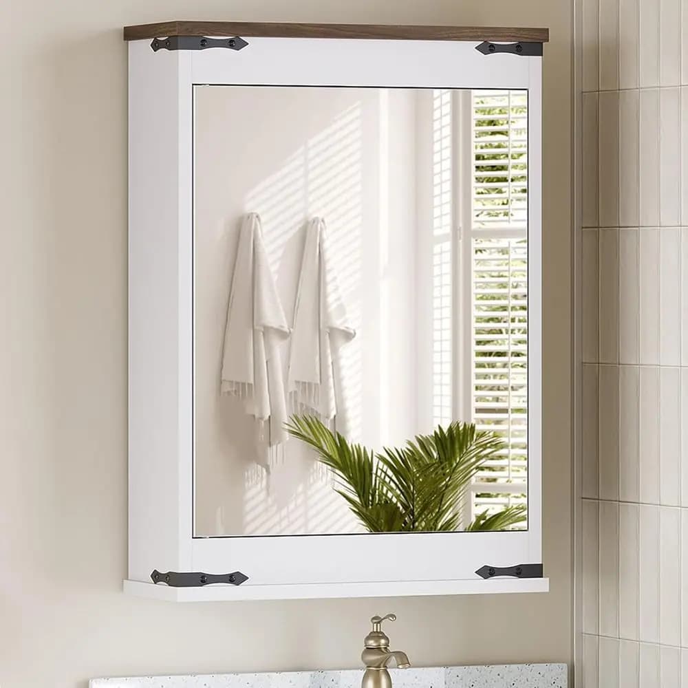Armadietto a Specchio Bianco da Parete con Vano Portaoggetti per Bagno, Lavanderia, Cucina, Soggiorno