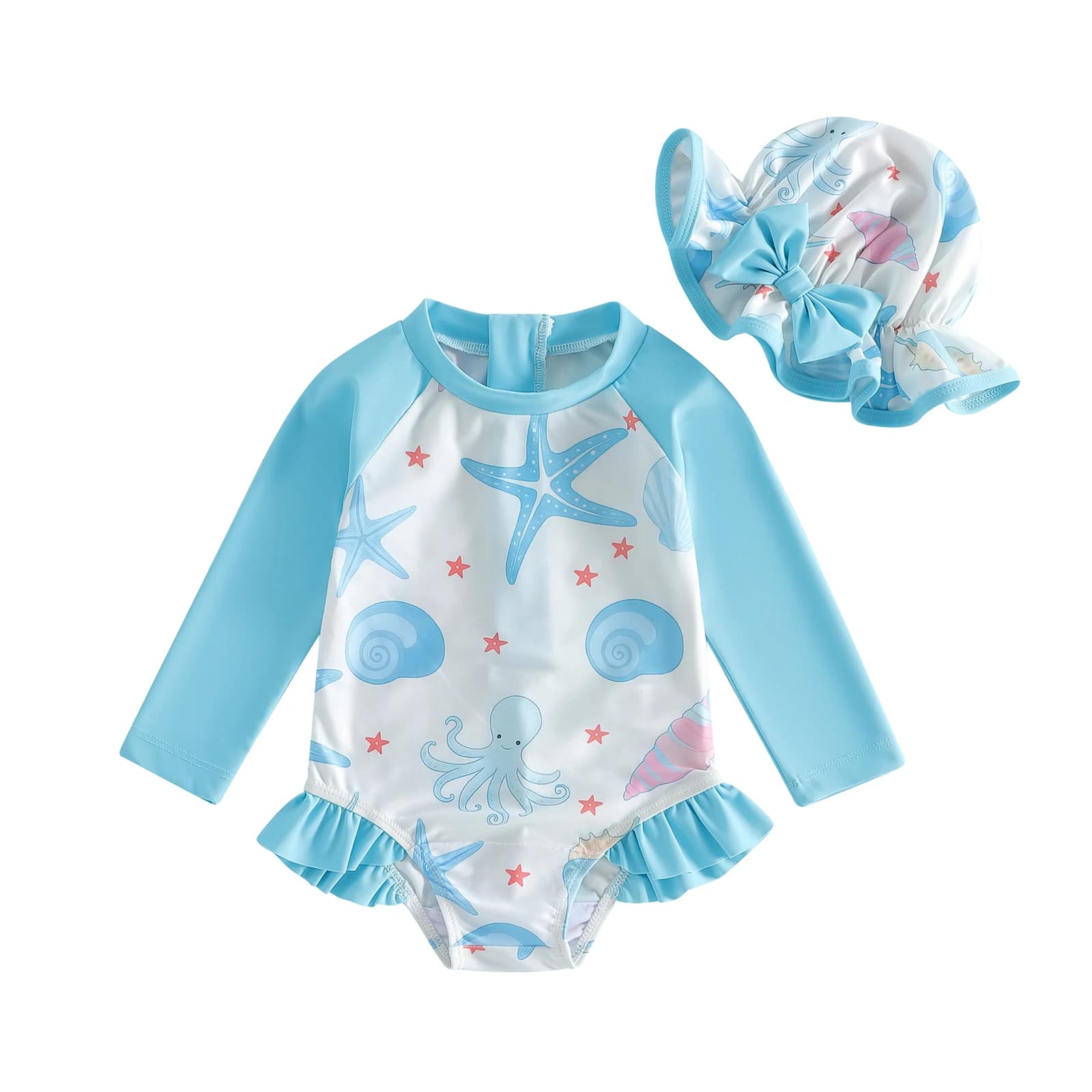 Baby Girls Rash Guard Swimsuit Rompers Starfish Octopus Print Long Sleeve Crew Neck Infant Bathing Suit with Swim Cap