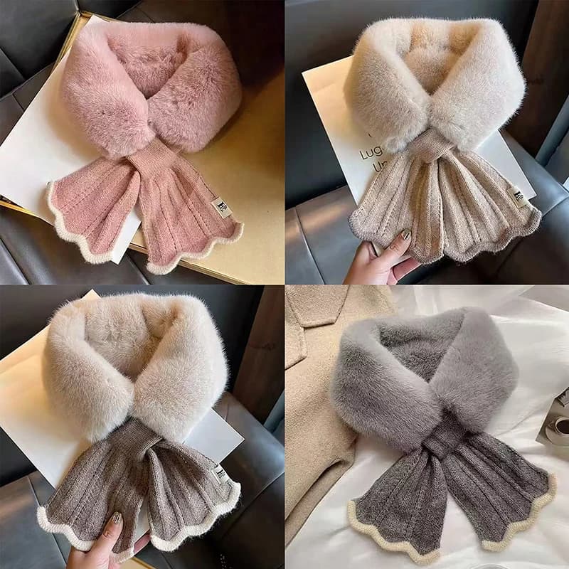 〔R〕Solid Color Winter Neck Warmer Faux Rabbit Fur Thicken Cross Collar Scarf Neck Warmer Plush Scarf Cold Weather