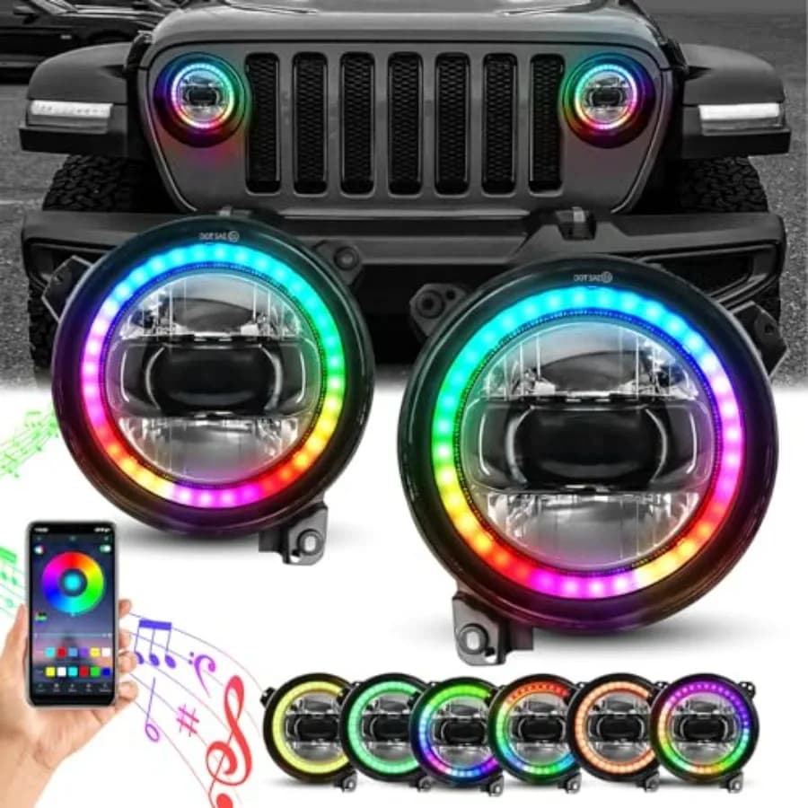 9 Inch LED Headlights for Wrangler 2018-2025 JL JLU JT RGB Halo Headlights with DOT Approved Black Housing High Brightness and