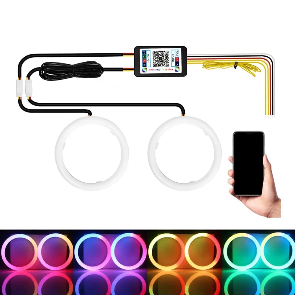 LED Angel Eyes lights in cotton with direction indicators, APP Bluetooth RGB DRL, light rings for cars, scooter, motorcycle 12V 24V