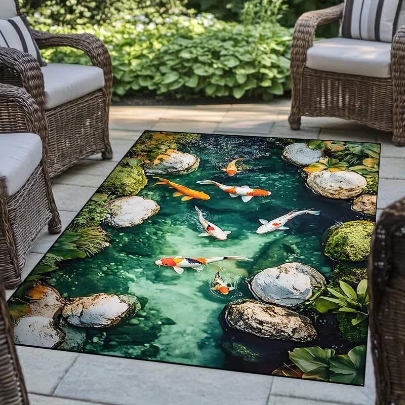 Tappeto Moderno Giapponese Koi Stile Naturale, Tappetino da Fattoria con Design a Pietre di Fiume, Verde Arancione, per Soggiorno e Arredamento Casa