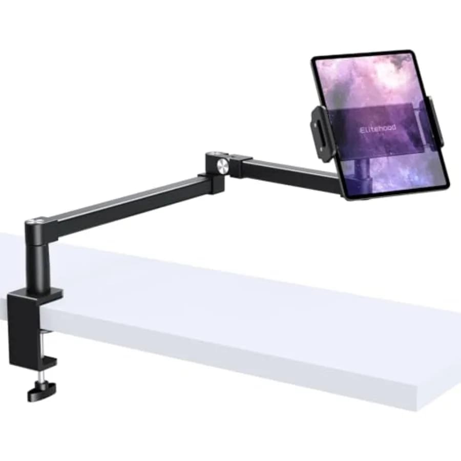 Supporto da scrivania per iPad per letto/divano, in alluminio resistente, nero, braccio lungo 28 pollici con movimento completo e morsetto sicuro per tablet
