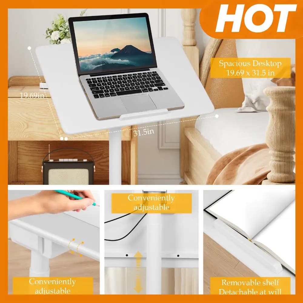 Scrivania per Laptop Regolabile in Altezza con Rotelle, Inclinabile a 90 Gradi, 80cm, per Casa, Ufficio e Aula