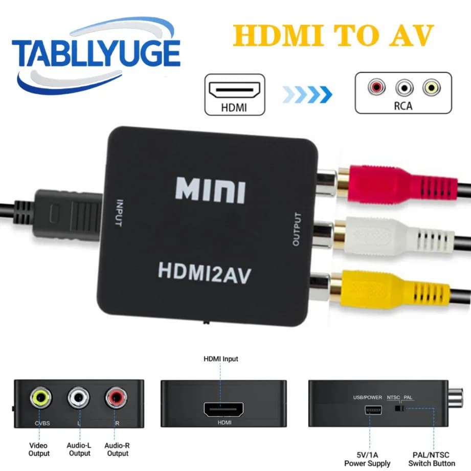 TABLLYUGE 1080P HDMI compatible with AV RCA Converter Box HDMI2AV Adapter with USB cable NTSC PAL support for PC HDTV projector