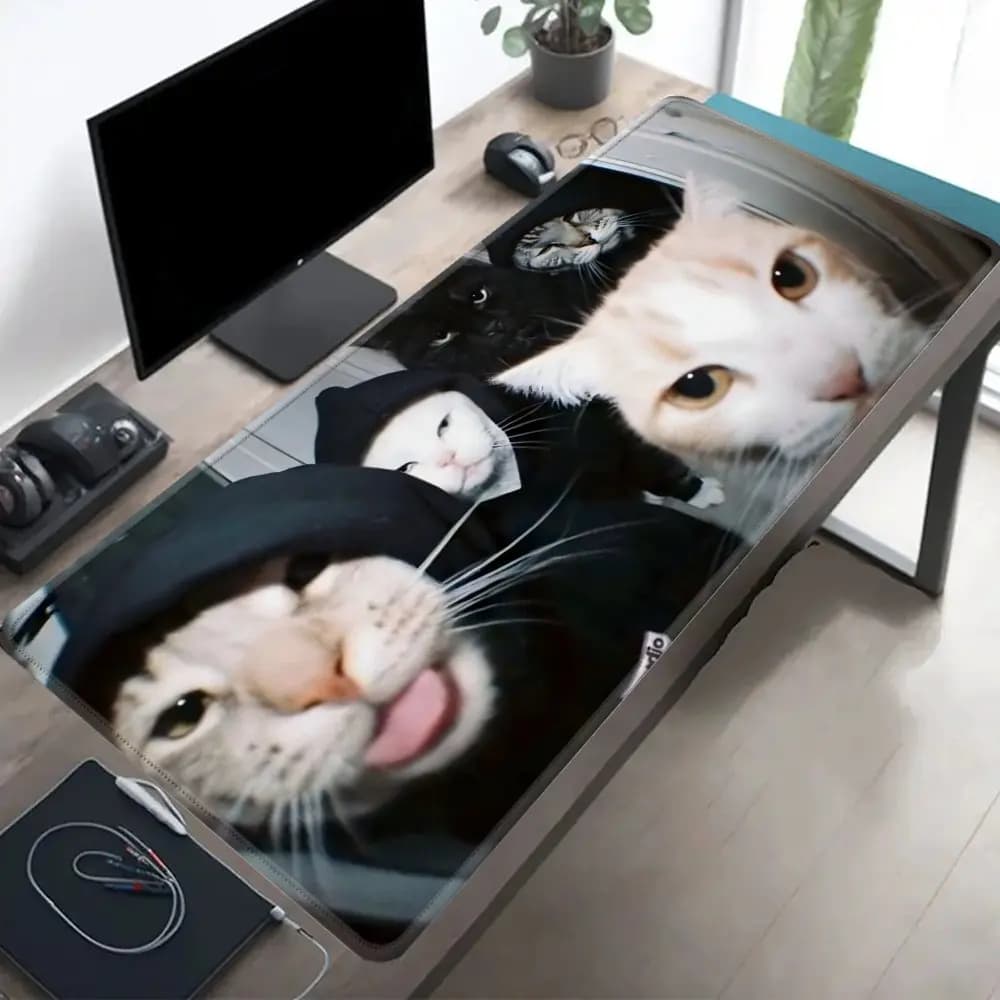 Tappetino da scrivania esteso Cool Hoodie Cats Gang, tappetino per mouse grande antiscivolo, decorazione divertente per il gaming con estetica meme