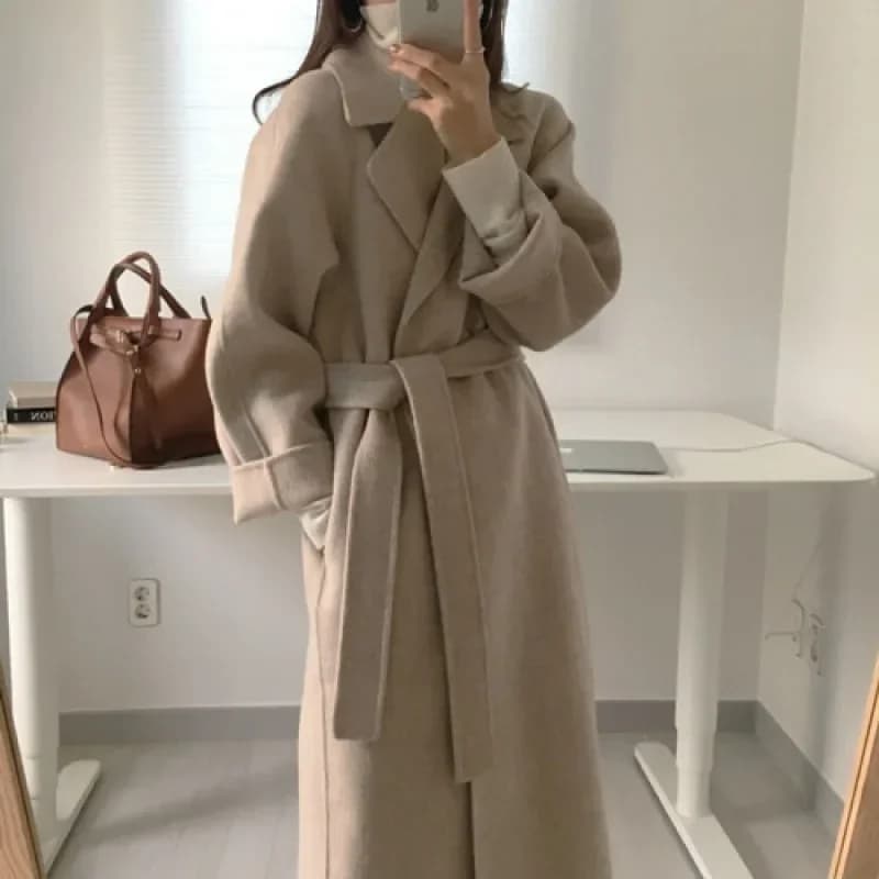 Cappotti lunghi in lana da donna Cintura midi con lacci Miscele Giuntura Cardigan a maniche lunghe Solido Spessore Giacche calde Dritto invernale