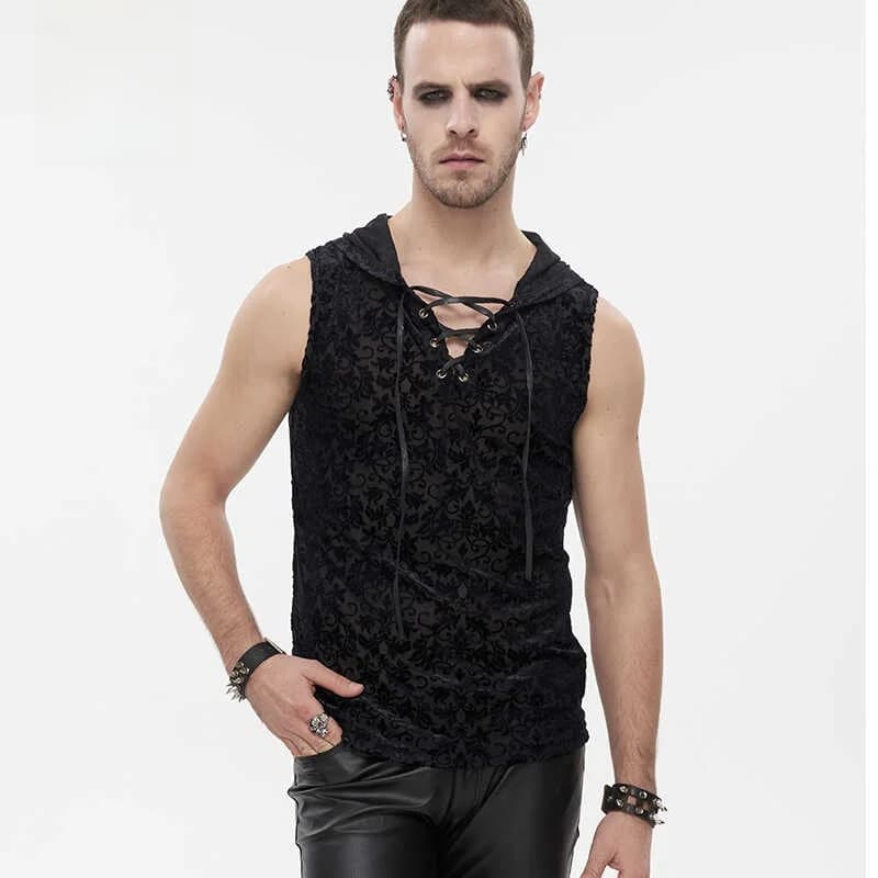 Devil Fashion Men's Hoodie Floral Pattern Loose Fit Summer Casual Youthful Style Thin Material Sweat Vest Non-Removable Hood