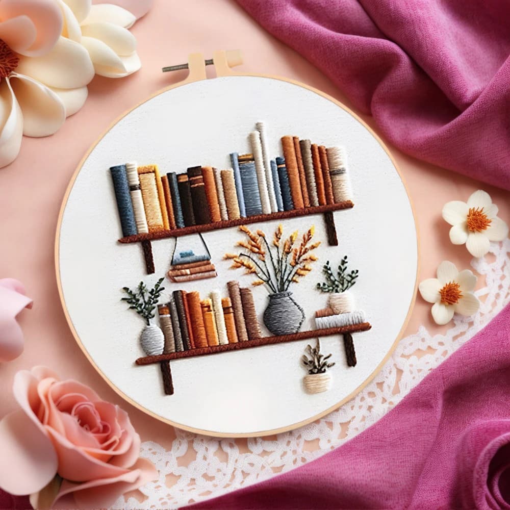 1pc New Arrivals DIY Embroidery Kits with Hoops Bookshelf Flower Vase Needlework Cross Stitch Book Landscape Unique Gift