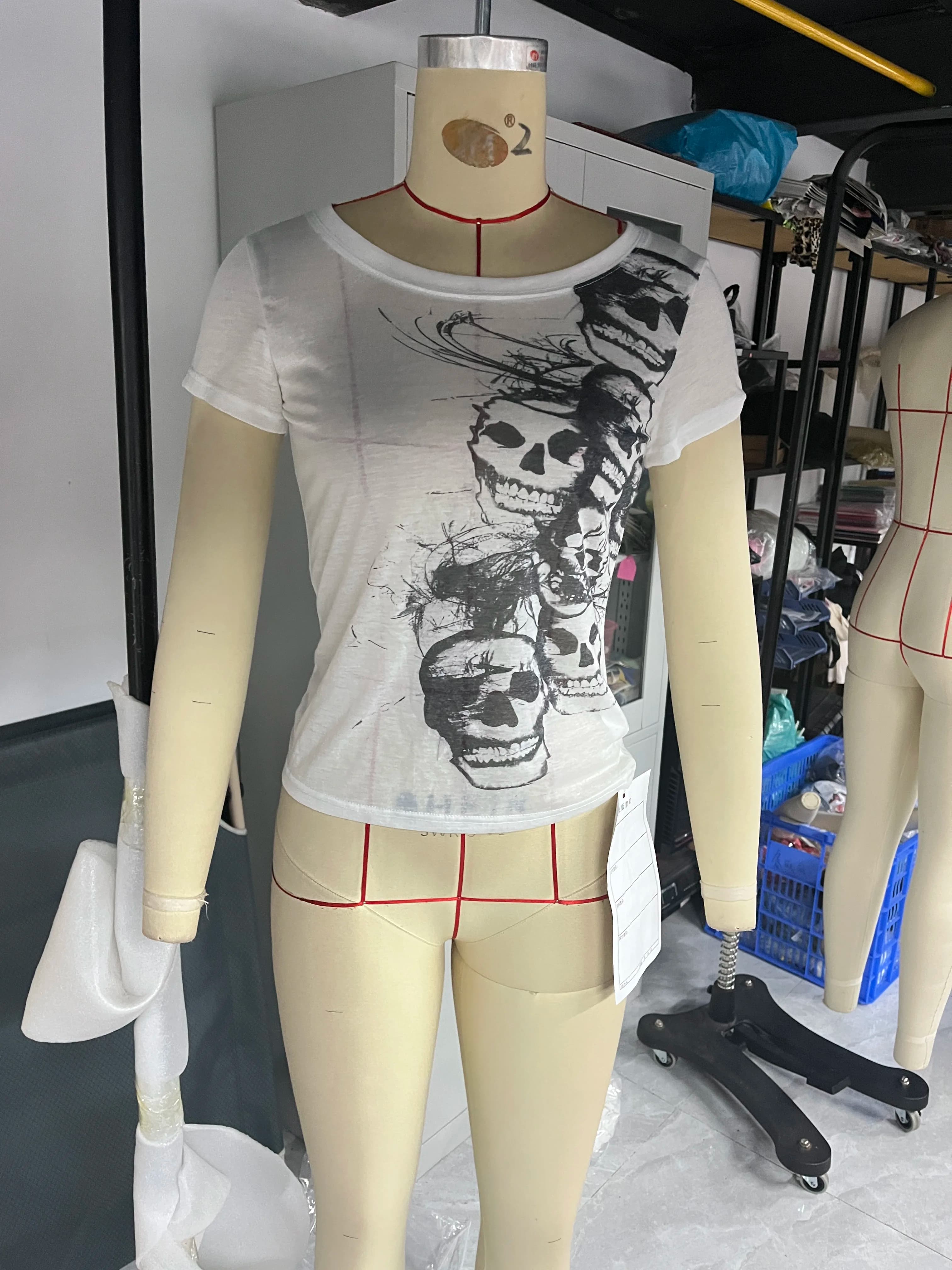 Women Vintage Skull Print T-Shirts Summer Casual Short Sleeve Crop Tops Blouses Grunge Aesthetic Clothes 00s Streetwear