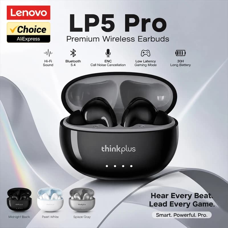 Auricolari Wireless Lenovo LP5 PRO, Cuffie Bluetooth 5.4 per Sport, Lunga Durata, Cuffie da Gaming a Bassa Latenza, Nuovi
