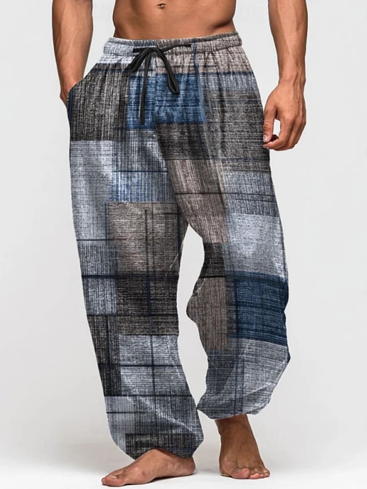 Pantaloni Casual Estivi da Uomo 2025, Stampa 3D Retrò Patchwork, Vestibilità Ampia con Coulisse, per Uso Quotidiano