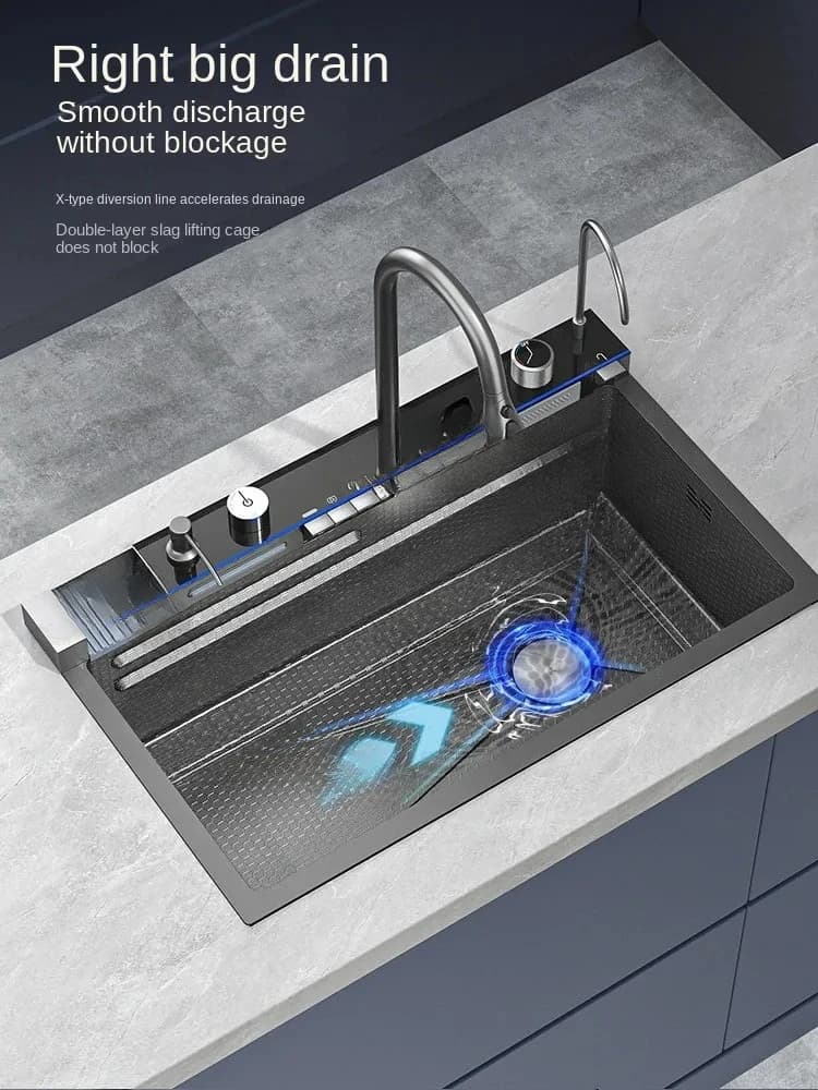 Tecnologia a nido d'ape Ampio display digitale Dispenser di sapone in acciaio inossidabile Rondella per tazze Lavello da cucina a cascata integrato