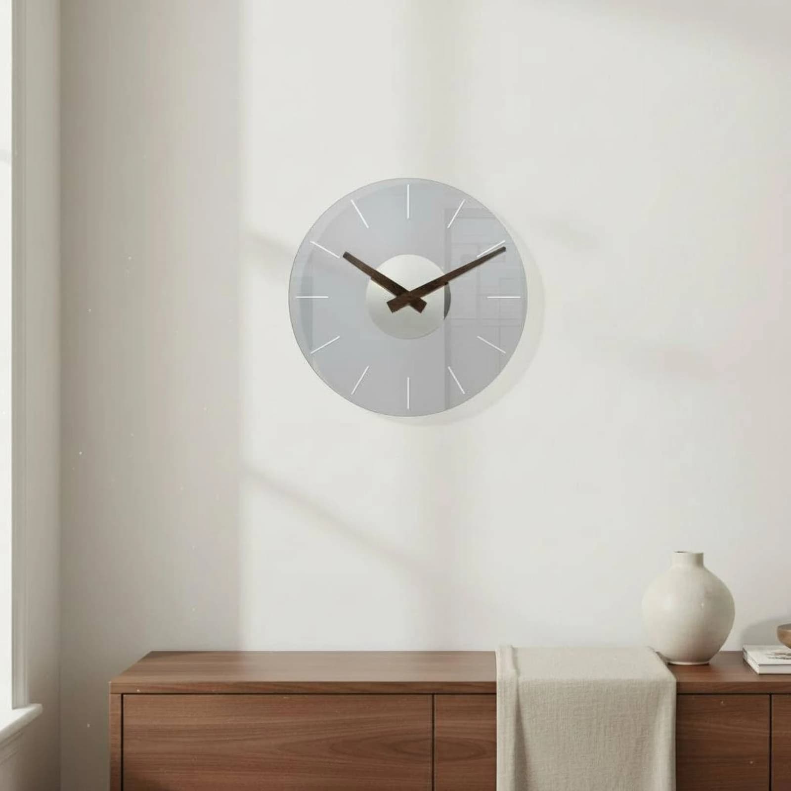 Orologio da Parete Minimalista in Acrilico Trasparente, Moderno, con Lancette in Legno Effetto Venatura, per Arredamento Casa