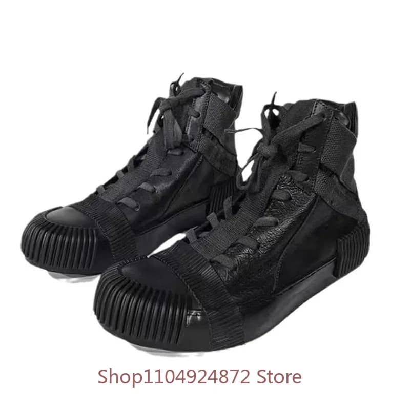 Handmade Cowhide Lace Up Sports Casual Round Toe High Top Men's Shoes Genuine Leather Thick Sole Sneakers Male Autumn Winter