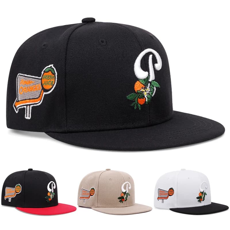 2025 Nuovo cappello creativo con bordo piatto P Leaf Fruit Ricamo Cappello parasole per il tempo libero all'aperto Cappello da baseball Cappello HipHop personalizzato da strada