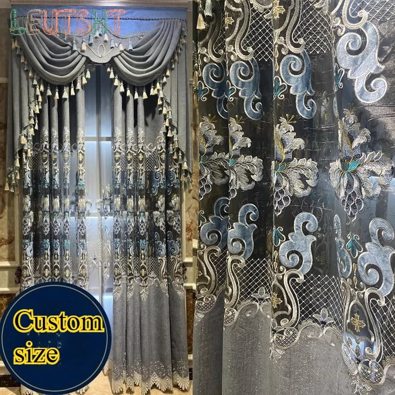 European Style Luxury Grey Chenille Window Curtains for Living Room Bedroom Dining Thickened Villa Embroidered Tulle Curtain