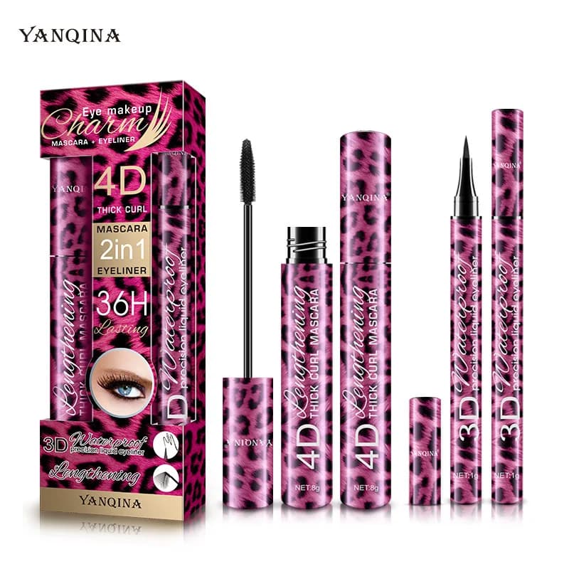 2 in 1 4D Mascara Allungamento Impermeabile 3D Eyeliner liquido Mascara per occhi Volume nero con fibre di seta Pennello Strumento per trucco ciglia