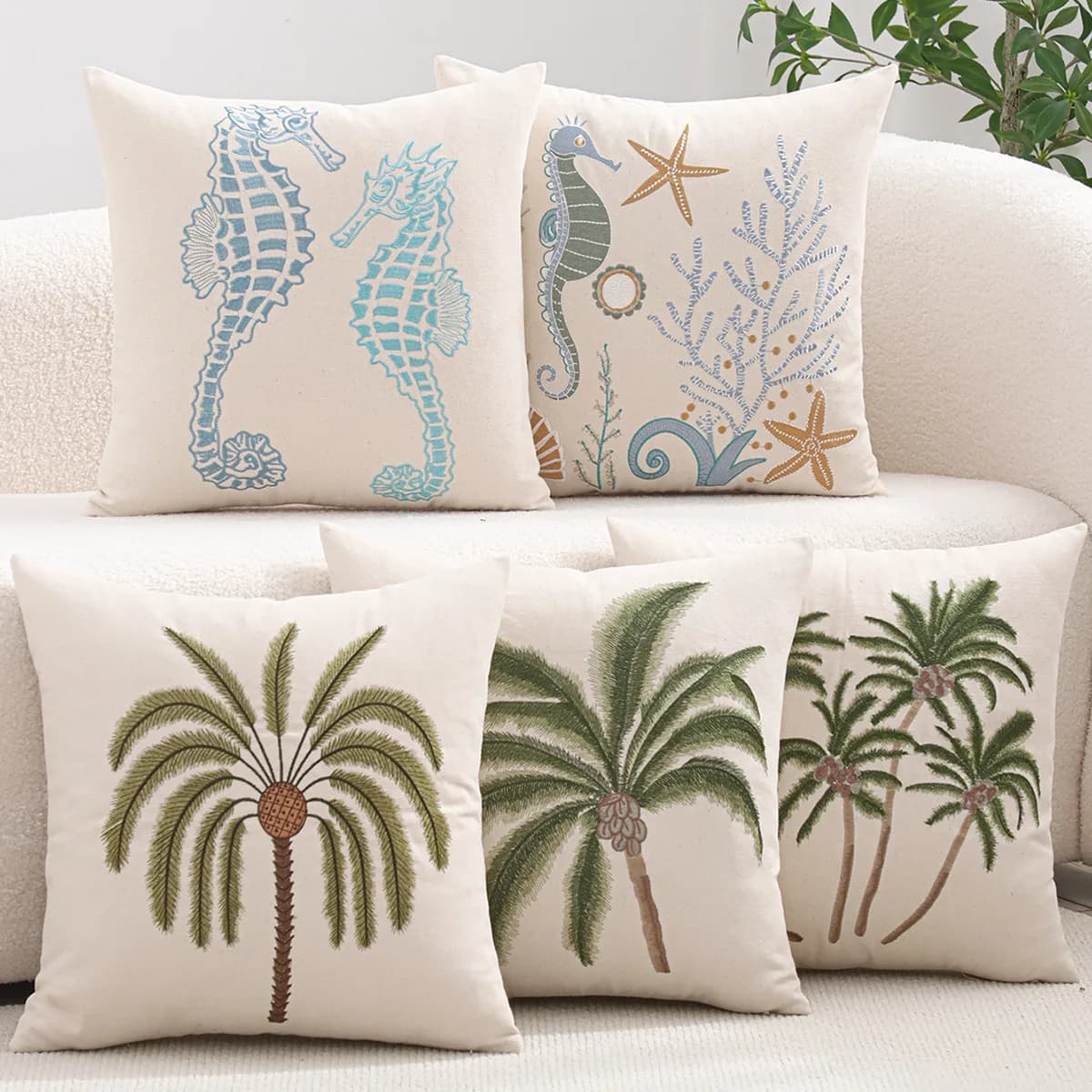 Summer Decora Cushion Case Embroidery 45x45cm Marine Ocean Palm Trees Canvas Pillow Cover for living Room Bedroom Sofa Couch