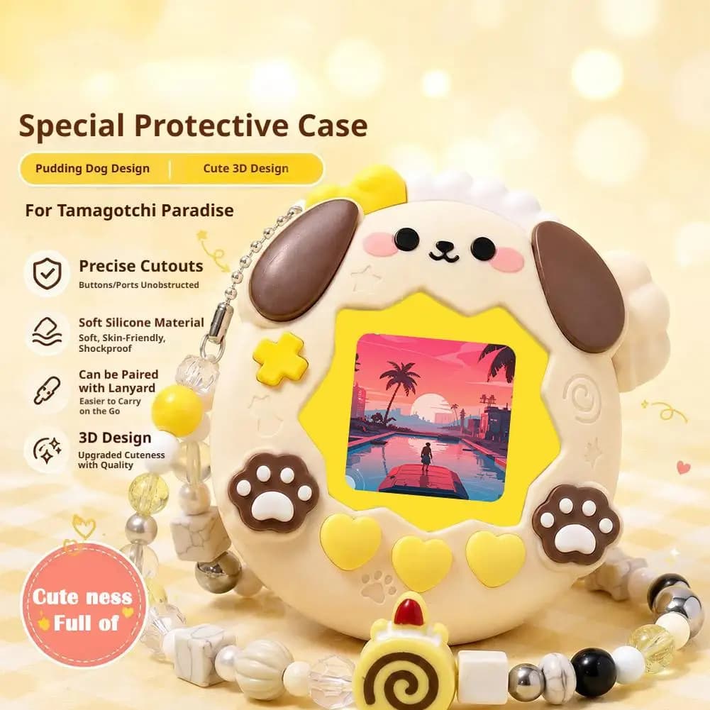 Pompompurin-shaped silicone protective case For Tamagotchi Paradise electronic pet Includes a beaded lanyardand knob cover