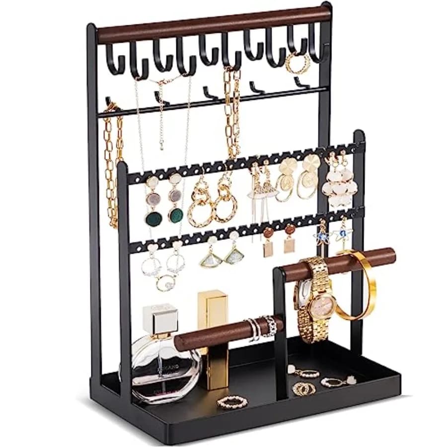 Jewelry Organizer Stand Necklace Organizer Earring Holder, 6 Tier Jewelry Stand Necklace Holder with 15 Hooks, Jewelry Tower Di
