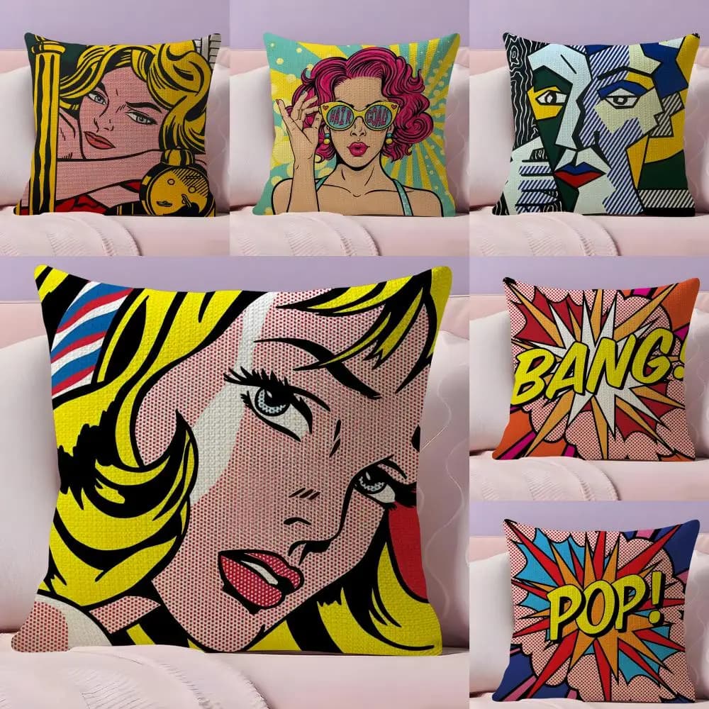R-Roy L-Lichtenstein Pop Cover in natural linen, front-back printing, decorative pillow for sofa, home decoration, gift