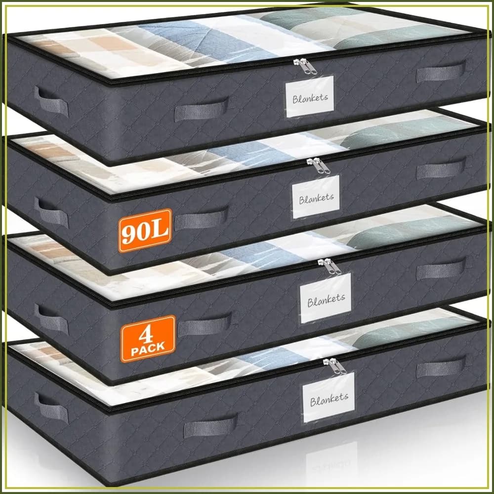 90L Under Bed Storage Containers, 4-Pack Bins with Clear Top, Foldable Closet Organizers with Label Holder for Clothing, Blankets, Pillows