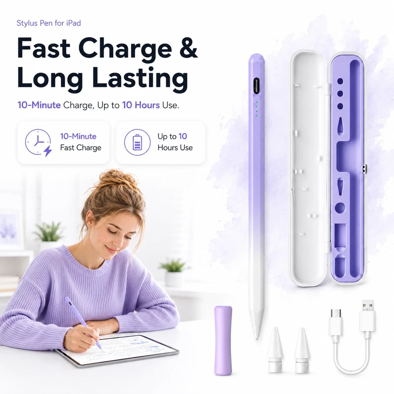 Stylus Pen for iPad Tablet Fast Charging Pencil with Automatic Sleep Palm Rejection Power Display for Notes Drawing School Work