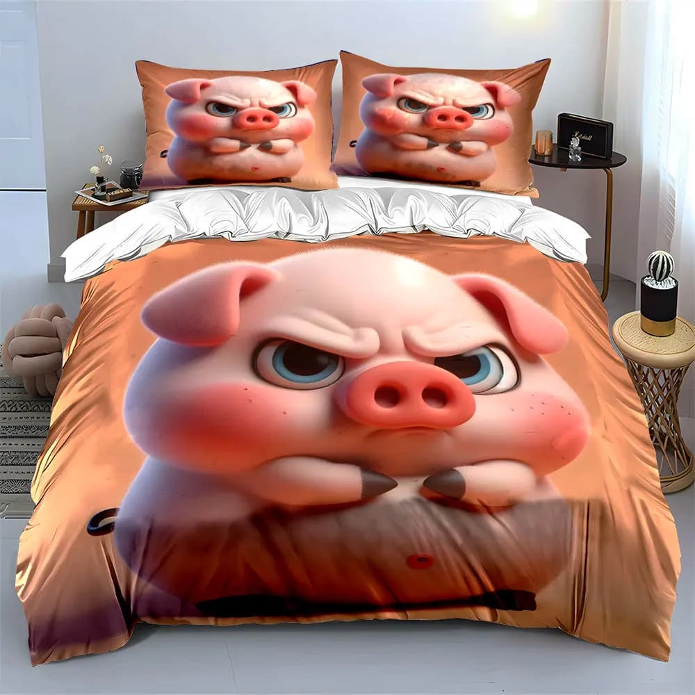 Cute Cartoon Pig Duvet Cover Print Bedding Set 1 Duvet Cover 2 Pillowcases for Adult and Children Luxury Gift Full Size