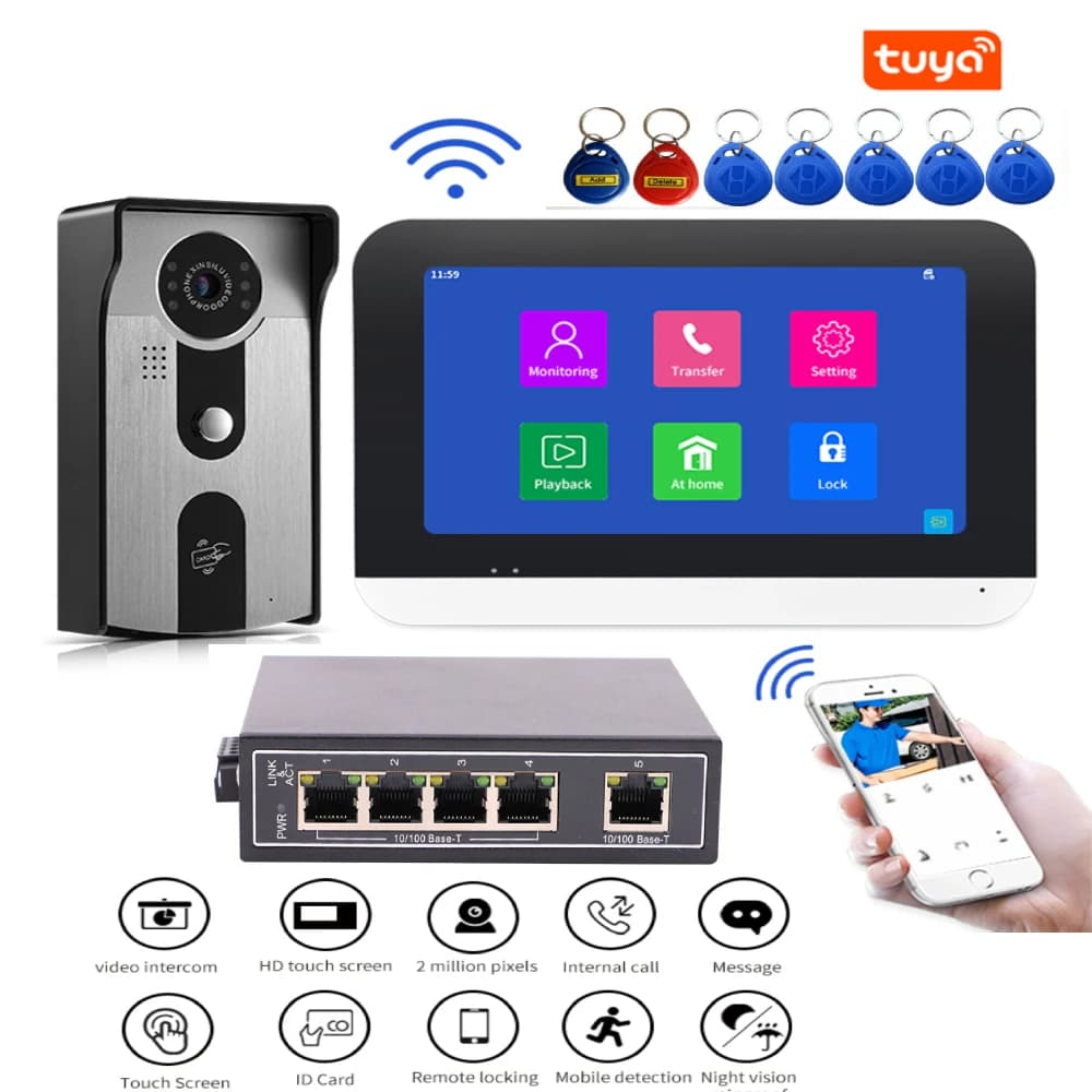 Tuya App Sistema citofonico domestico Wireless WiFi Smart IP Videocitofono Campanello 1080P 7 pollici con campanello cablato 1x1080P