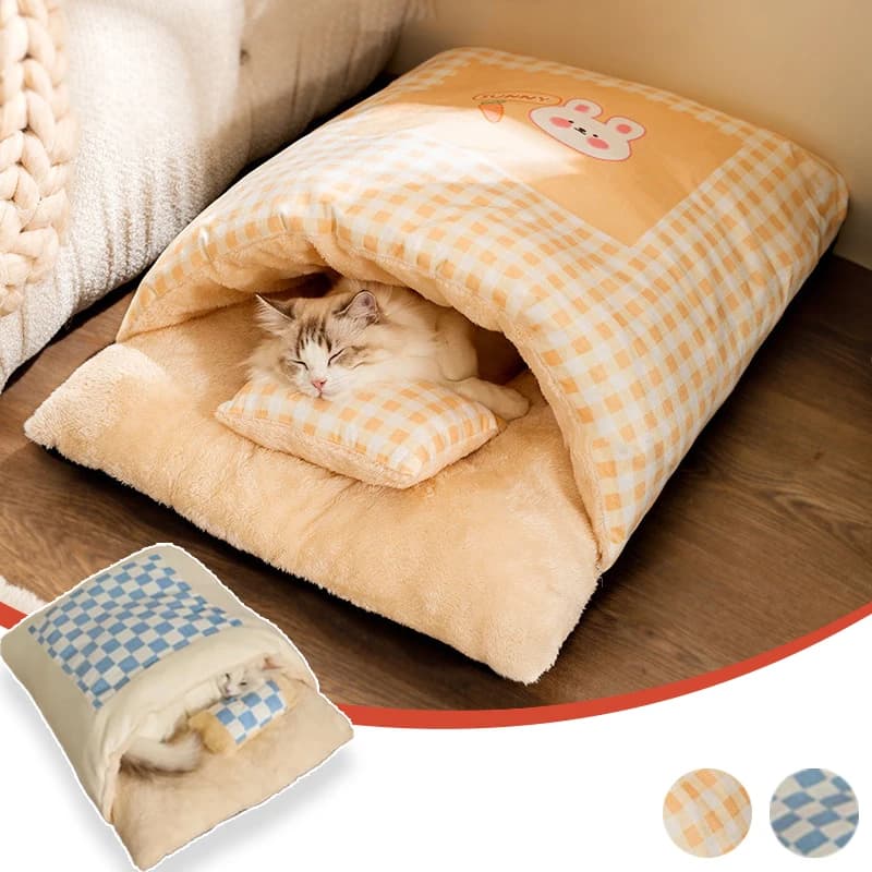 Cute Cat Bed Warm Cat Sleeping Bag Deep Sleep Cave Winter Pet Grip Dogs Cushion Nurse with Pillow