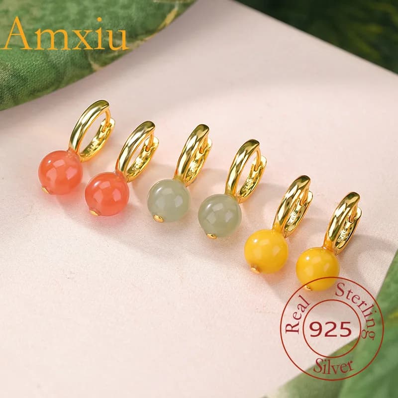 Amxiu Orecchini a clip per orecchio semplici con perline rotonde in argento sterling 925 con ambra rossa Hetian trasparente