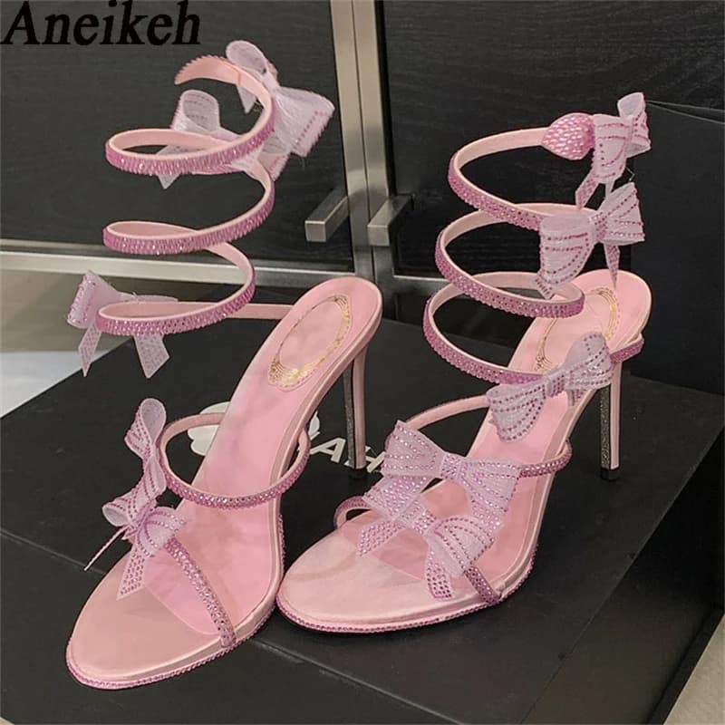 Aneikeh Elegant Pink Bride Shoes with CRISTALLO Flake, High Heel Sandals, Women's Summer Shoes with Suede Strap, Sottile Heel, Party Open Toe