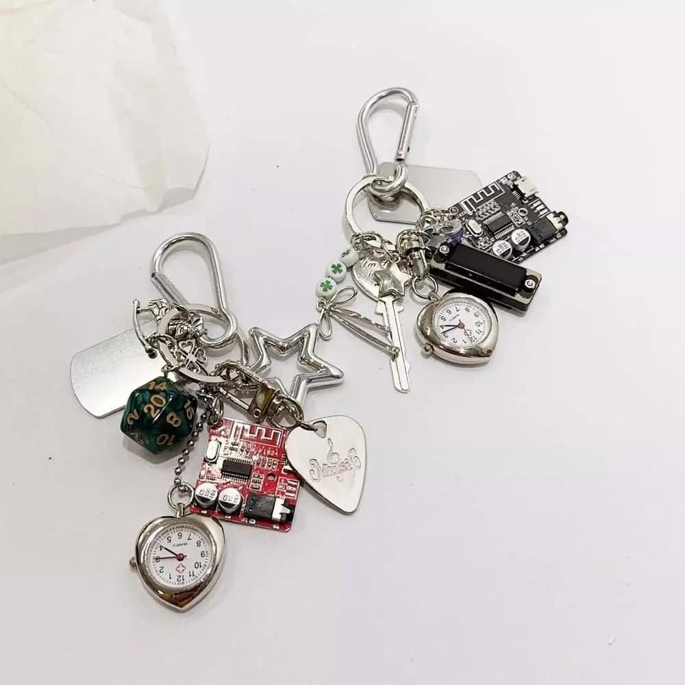 Mechanical Elements Pocket Watch Pendant Guitar Pick Couple Style Handmade Vintage Keychain Bag Charm Alloy Watch Hanging Charm