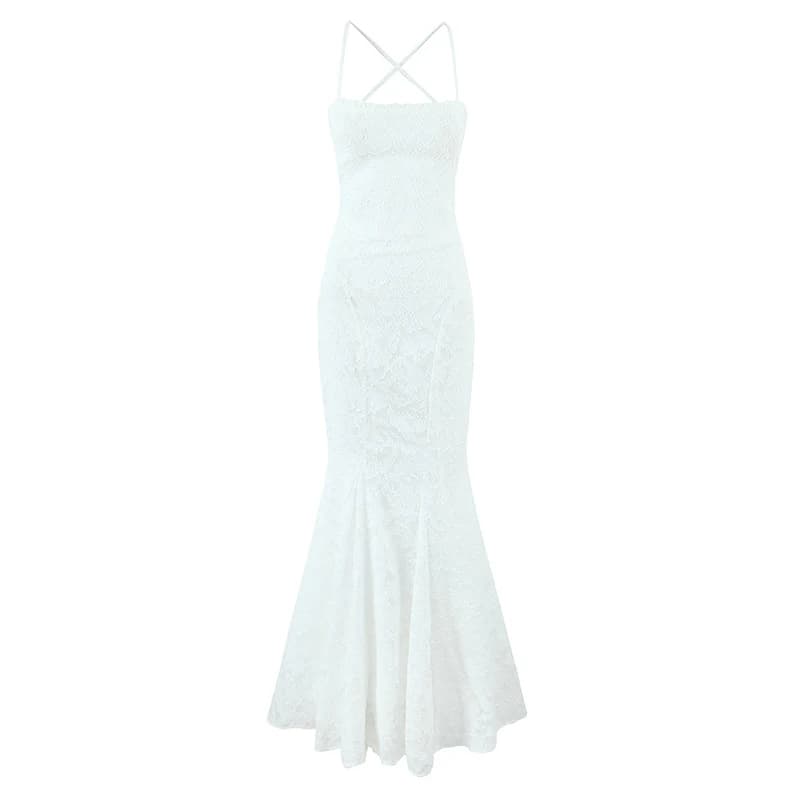 YENKYE Sexy Women Black White Elegant Sling Fishtail Dress Fashion Backless Lace Up Bandage Evening Party Dresses Wedding Robe