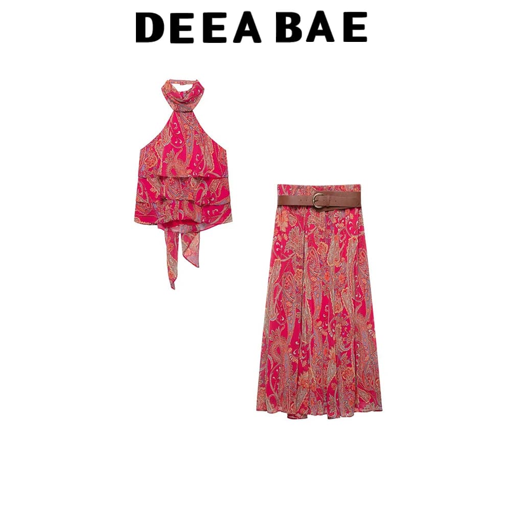 DEEABAE Early autumn women's backless bow decoration hanging neck collar top elastic waist with waist belt half skirt set
