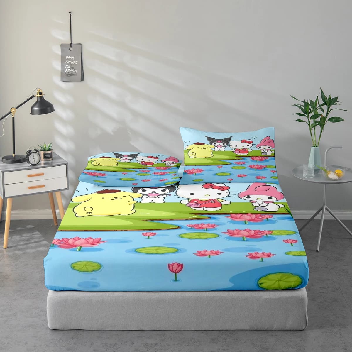 Set di lenzuola con stampa digitale ad alta definizione in 3 pezzi con grandi personaggi dei cartoni animati come My Melody e Hello Kitty, include 1 lenzuolo con angoli + 1/2 federa, adatto per camera da letto, camera degli ospiti, decorazioni per la casa, lenzuolo con angoli in fibra di poliestere + federa, biancheria da letto ultra morbida, tessuto spesso e ultra morbido, confortevole per tutte le stagioni, lavabile in lavatrice