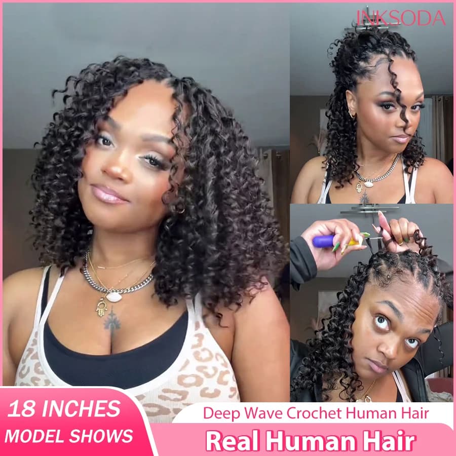 Deep Wave Crochet Human Hair Curly 18 Inch Bundles Boho Braid Hair Remy Pre-Separated Invisible Feather Crochet Hair Extensions