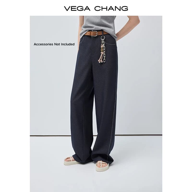 Women's Casual Trousers Vega Chang New Autumn Collection, Straight Style with Rice Granite Embroidery, Denim Imitation [Cinture Not Included]