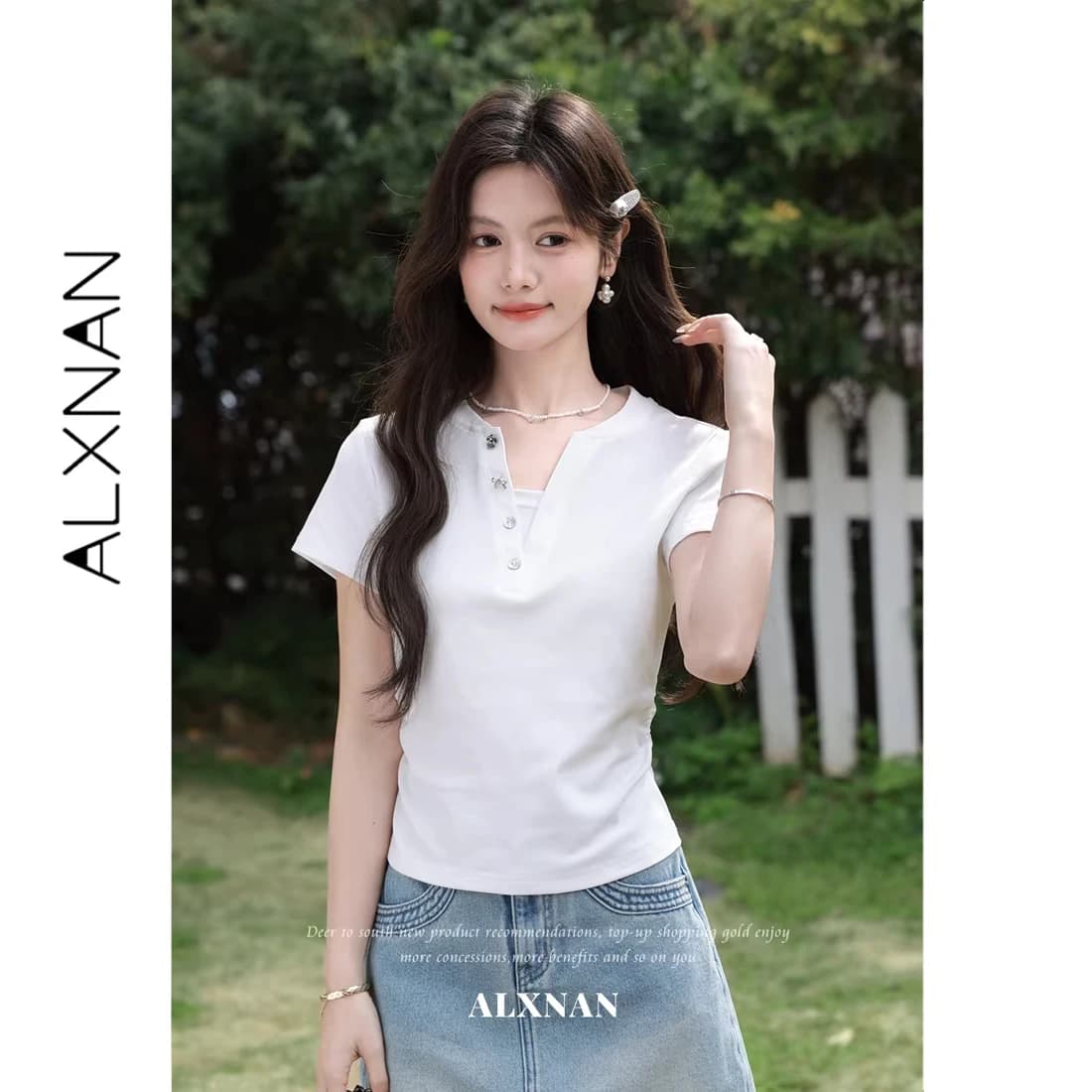 ALXNAN White V-neck T-shirt Casual Cotton Basic Short Sleeve Tees 2026 Summer Elegant Fashion Slim-fit Female Clothing L62906-1